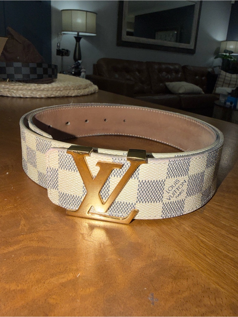 Louis Vuitton Beige Damier Azur Canvas Belt with Gold LV Buckle